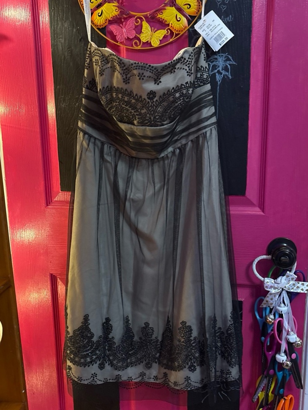 David's Bridal Strapless Black and Taupe Embroidered Cocktail Dress